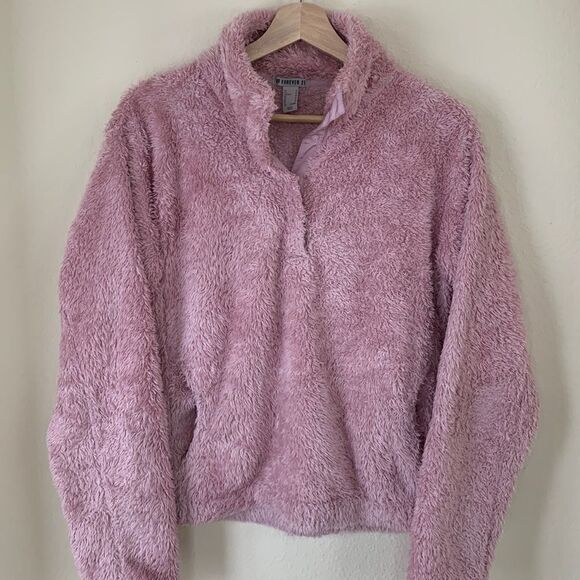 ‎Forever 21 Pastel Pink Fuzzy Fur Sherpa quarter pullover size medium - Picture 1 of 5